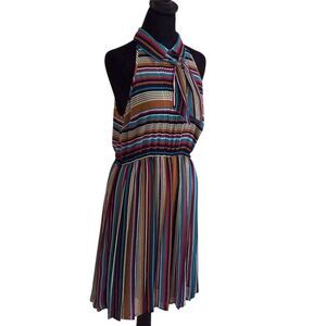 I Love HB1 Women's Multicolor Striped High Neck Sleeveless Knee Length Dress M